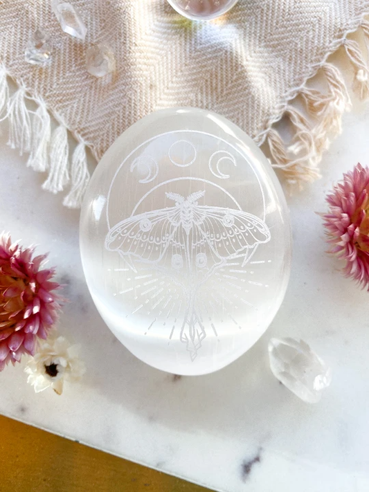 Etched Selenite Palmstone "Mystic Luna Moth"