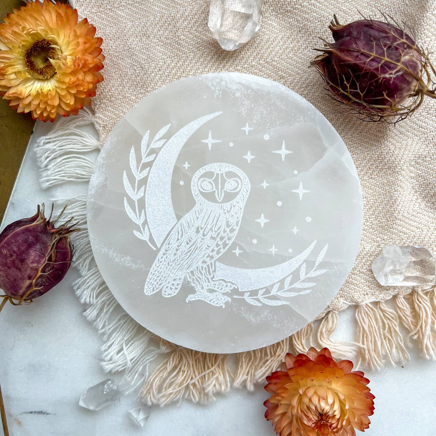 "Owl Moon" Selenite Crystal Charging Plate