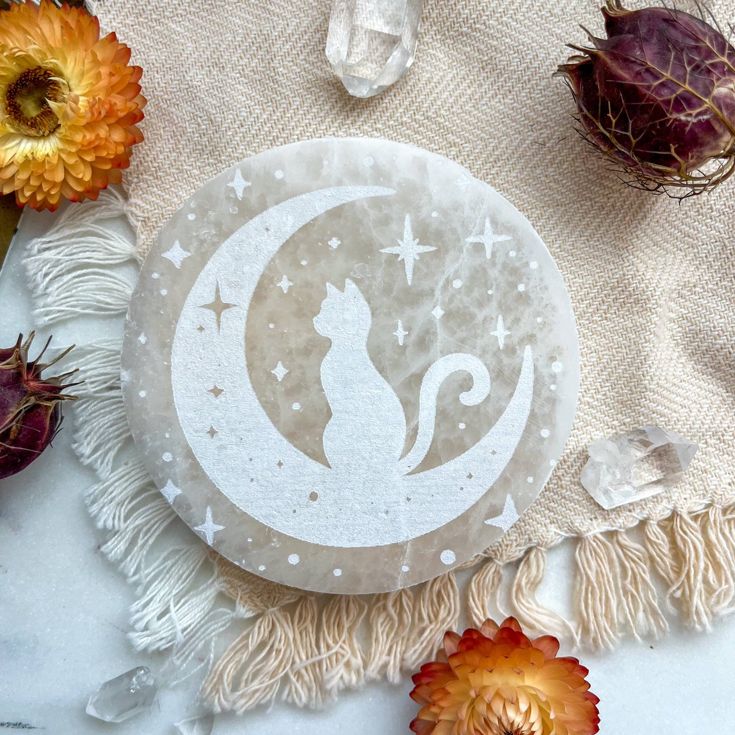 "Moon Cat"  Selenite Charging Plate Spooky Decor